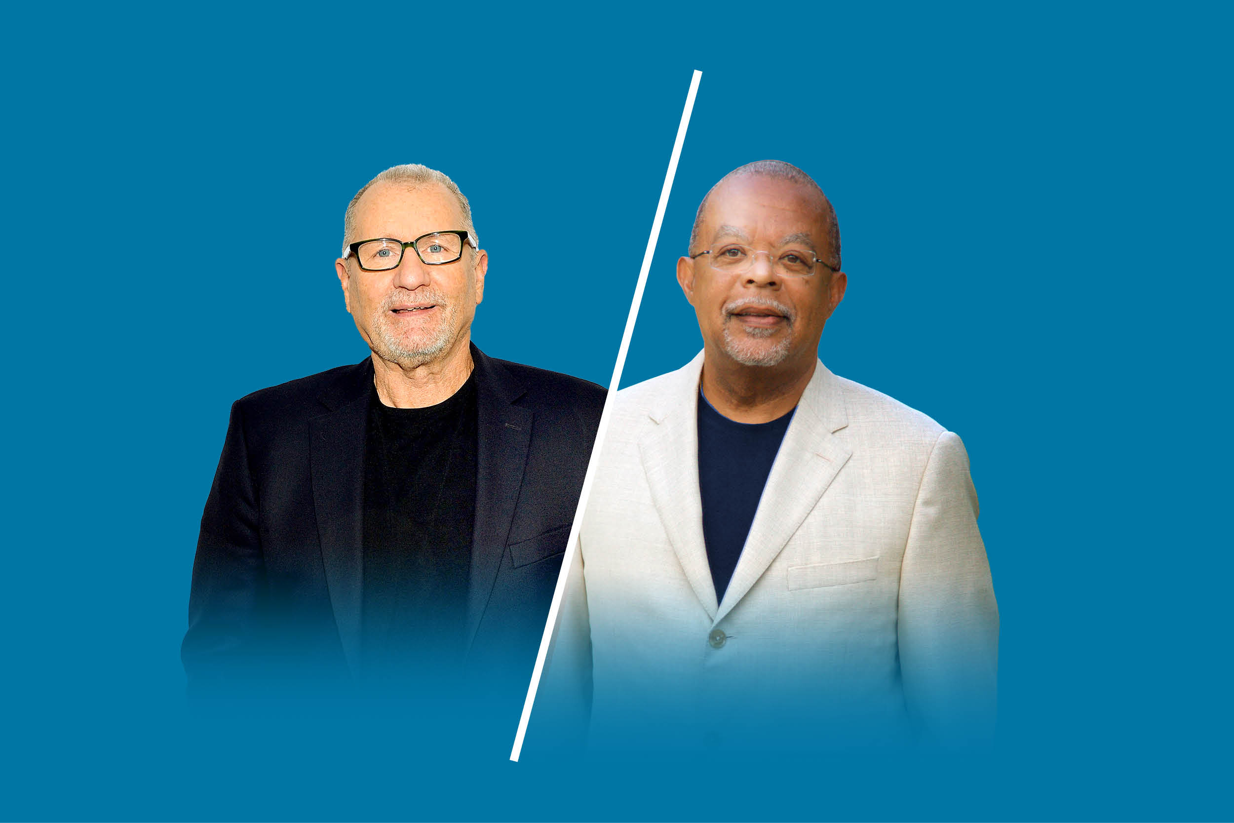 An image of Ed O'Neill and Henry Louis Gates Jr. on a blue background